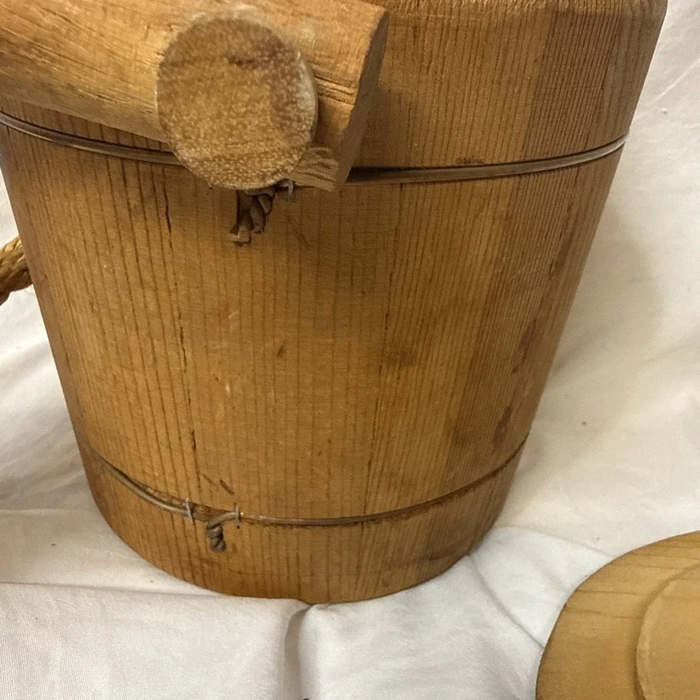 Vintage Wooden Firkin Sugar Bucket Copper Wire Band Rope Well Pail Cottagecore